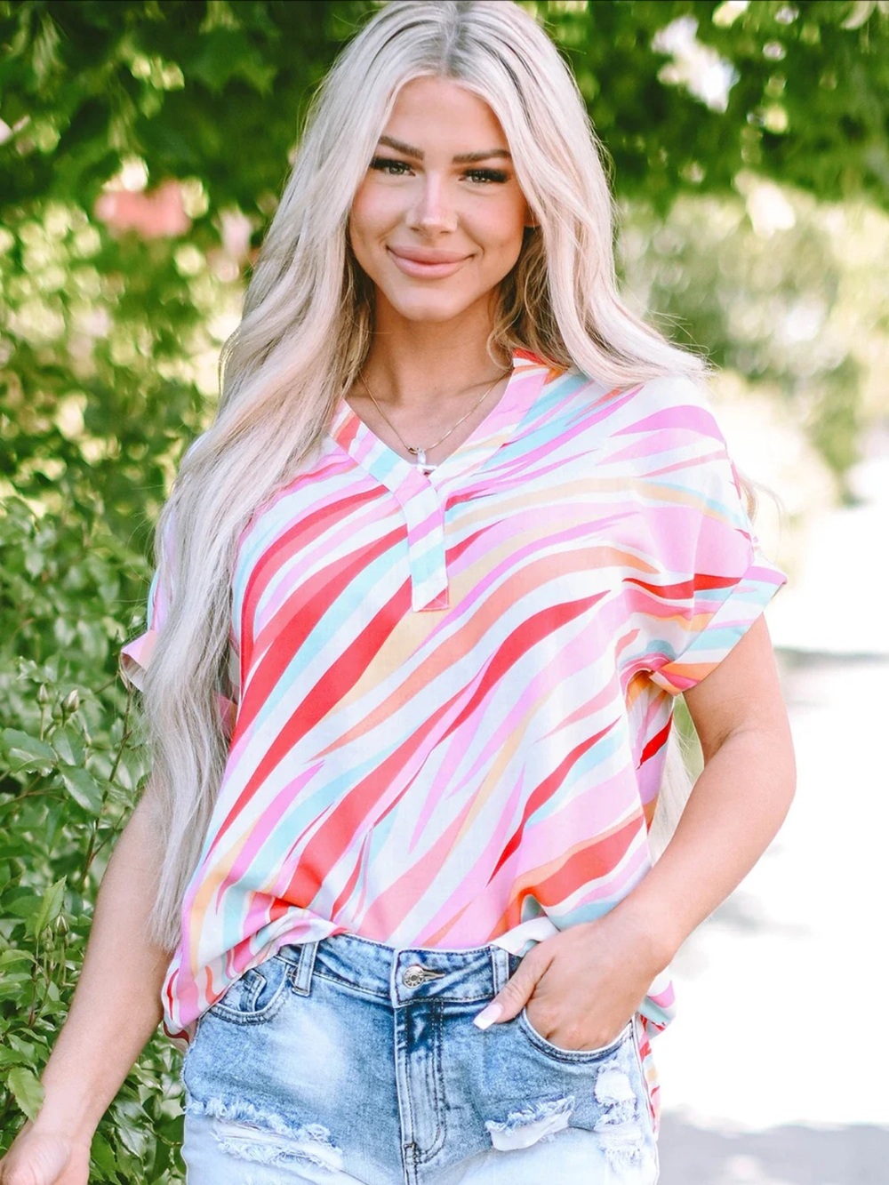 Entro Abstract Stripe V Neck Blouse L Pink Coral Mint Rayon Top